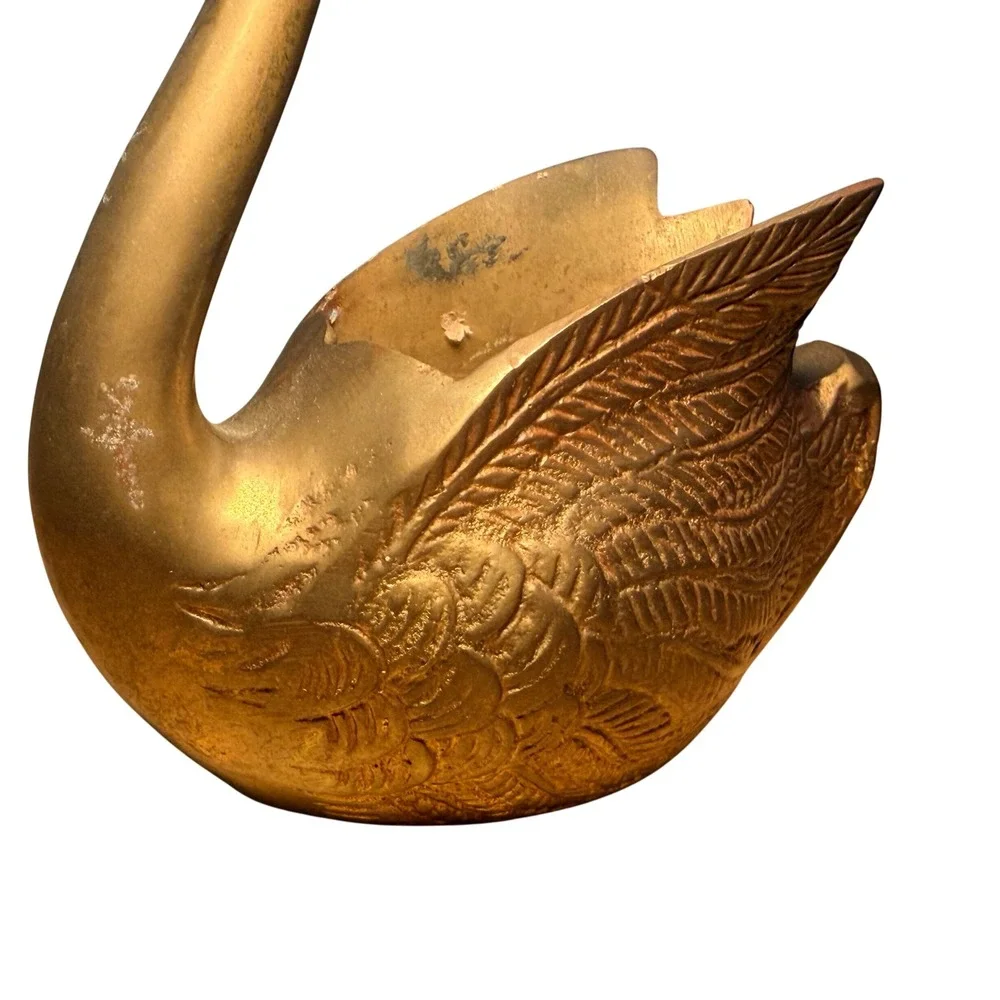 Vintage Brass Swan Planter Deep Catchall Feather Details MCM Decor 6